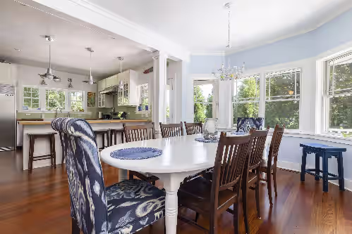 Dining area at Amazing Beach House in the Woods with Pool and Hot Tub