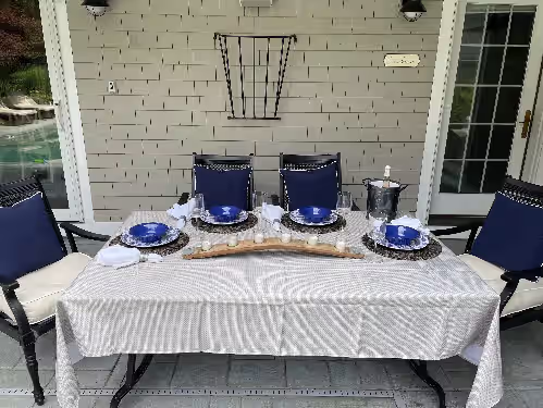 Outdoor dining at Beautiful Bristol Home across from Blithwolde Mansion