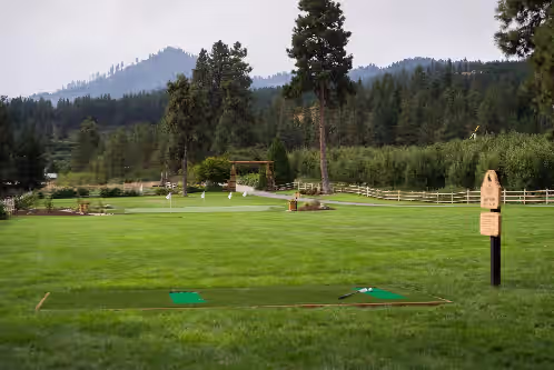 Short par 3 to the front lawn of home. Pear orchard lines the driveway at Leavenworth, Luxury River front home, vacation,